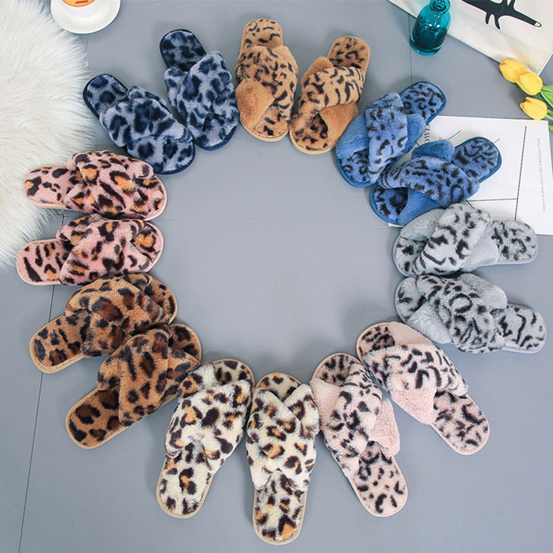 Cross-strap Fuzzy Slippers Leopard Plush House Shoes Flat Bedroom Slippers Slippers For Women