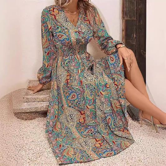 Elegant V-neck Printed Long Sleeve Dress