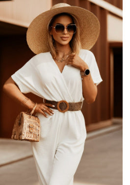 Waisted short-sleeved loose three-quarter wide-leg jumpsuit