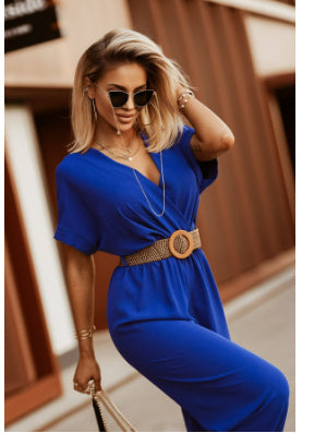 Waisted short-sleeved loose three-quarter wide-leg jumpsuit