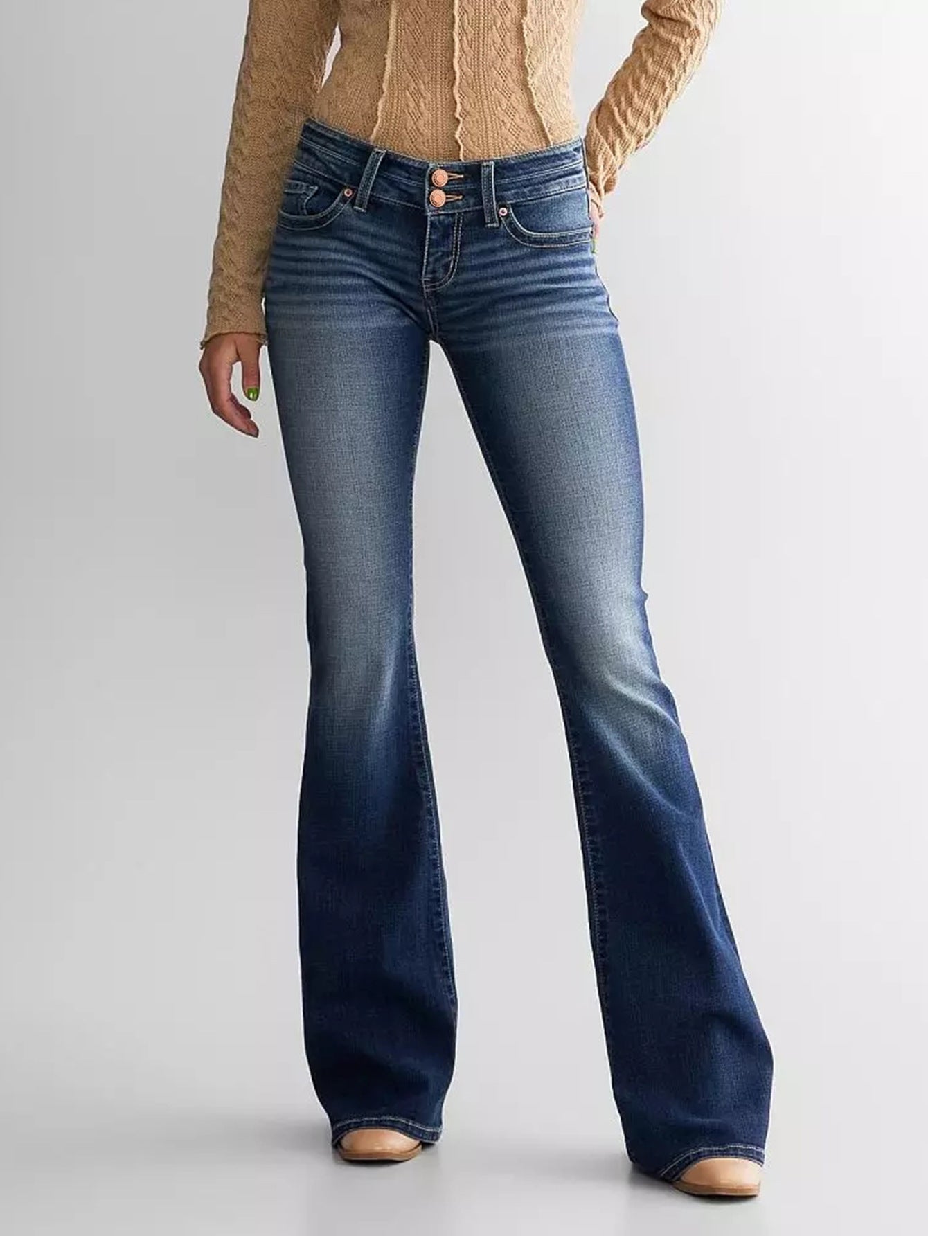 Ladies Mid Waist Slim Fit Stretch Retro Flared Jeans