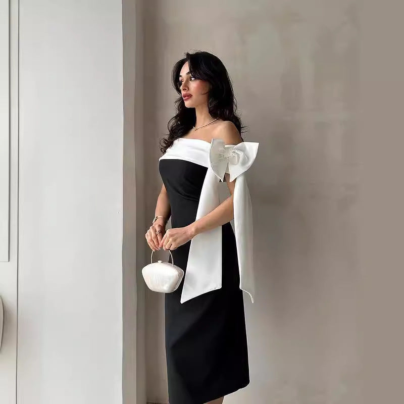 Women's Off-the-shoulder Bowknot Black and White Temperament Cocktail Dress