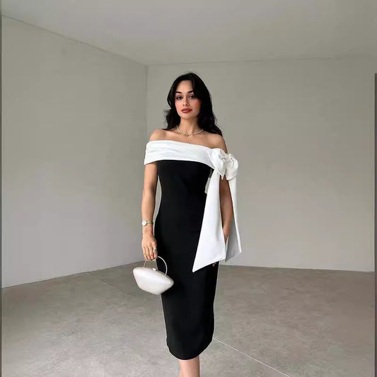 Women's Off-the-shoulder Bowknot Black and White Temperament Cocktail Dress