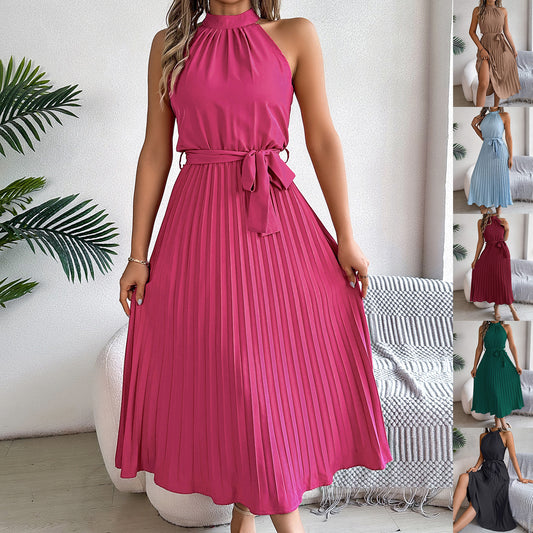 Women's Stand Collar Sleeveless Cinched Pleated Long Dress