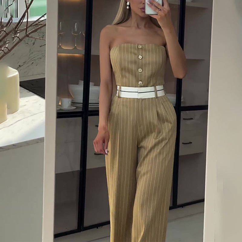 Summer Tube Top High Waist Jumpsuit Off Shoulder Striped Wide-leg Pants Women