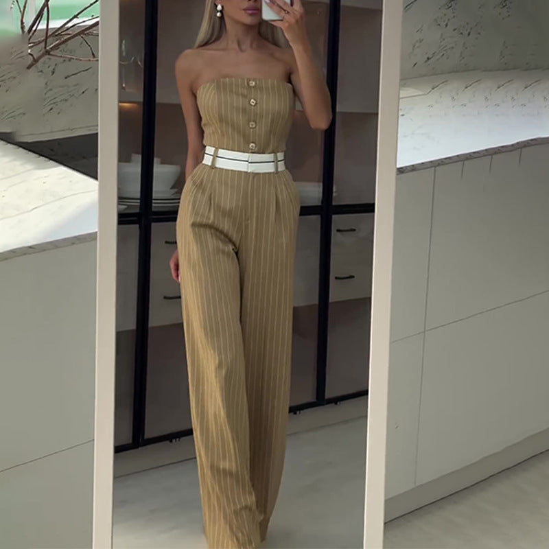 Summer Tube Top High Waist Jumpsuit Off Shoulder Striped Wide-leg Pants Women