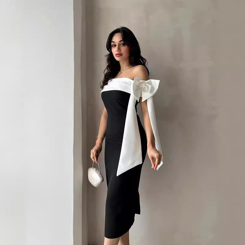 Women's Off-the-shoulder Bowknot Black and White Temperament Cocktail Dress