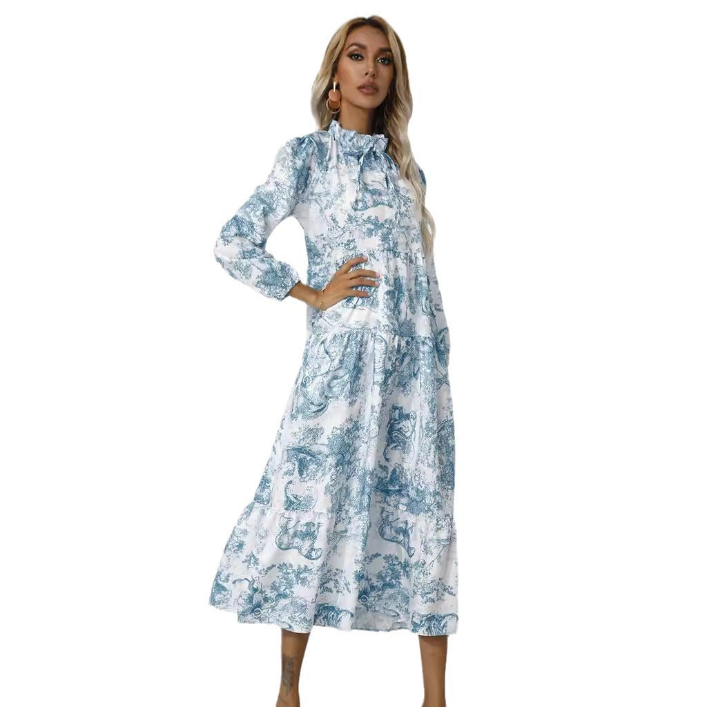 Round Neck Printed Loose Ninth-sleeve Dress