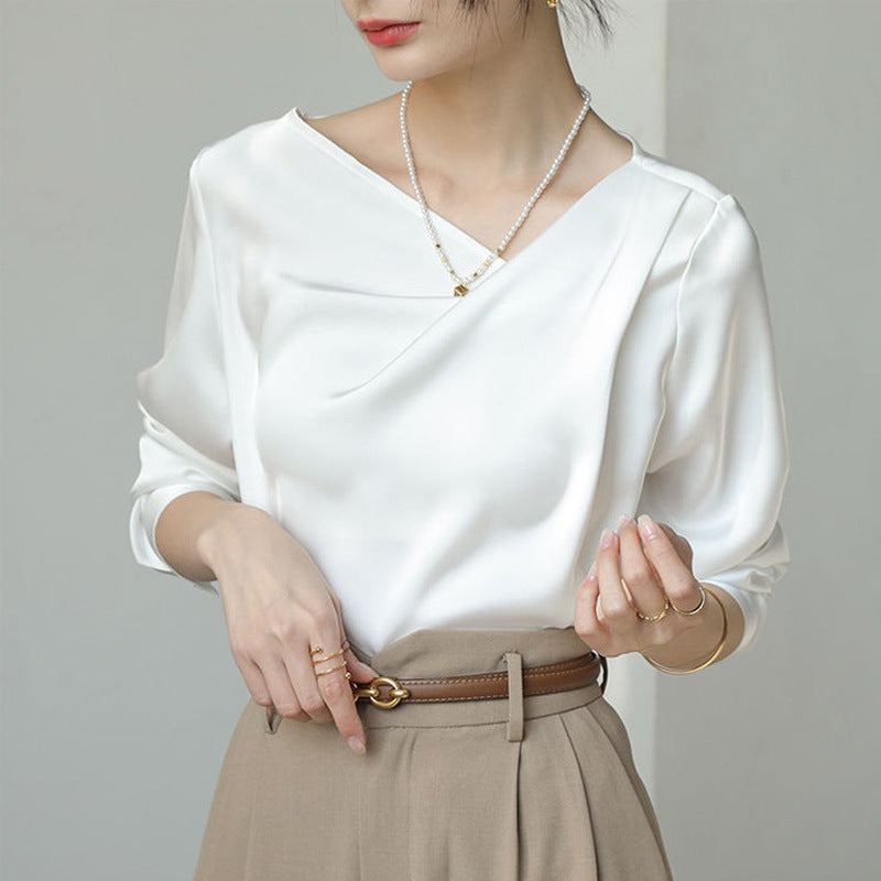 French White Satin Design Irregular All-match Shirt Top