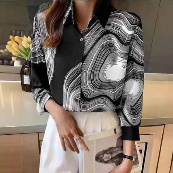 Ink Painting Cotton Linen Long Sleeve Blouse