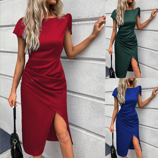 Women's Summer Front Slit Round Neck Short Sleeve Lace-up Temperament Dress