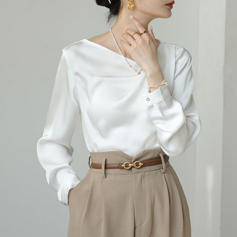 French White Satin Design Irregular All-match Shirt Top