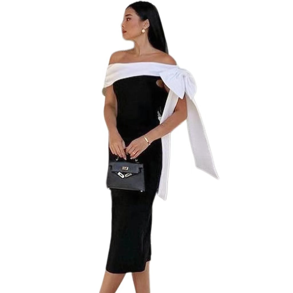 Women's Off-the-shoulder Bowknot Black and White Temperament Cocktail Dress