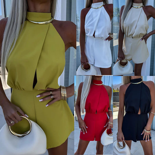 Half Turtleneck Sleeveless One-piece Shorts High Waist Straight Jumpsuit