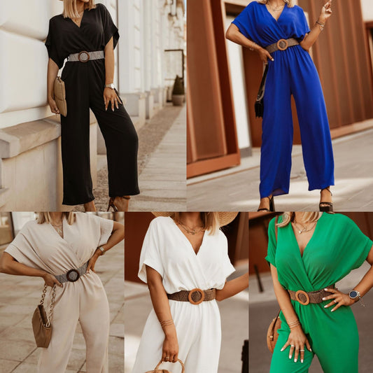 Waisted short-sleeved loose three-quarter wide-leg jumpsuit