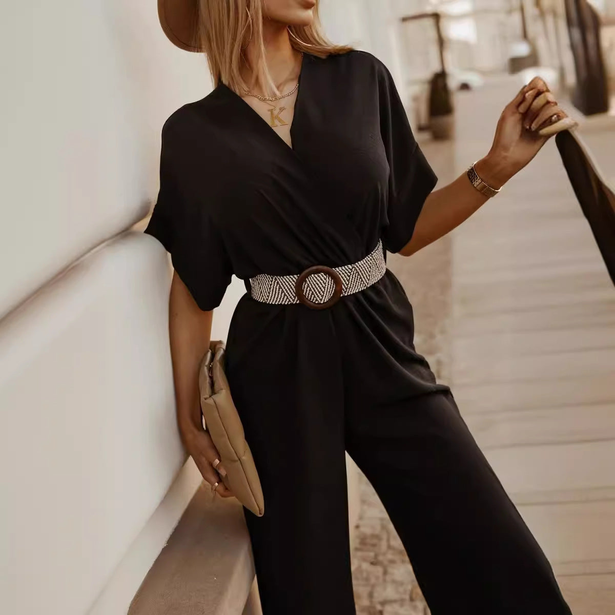 Waisted short-sleeved loose three-quarter wide-leg jumpsuit