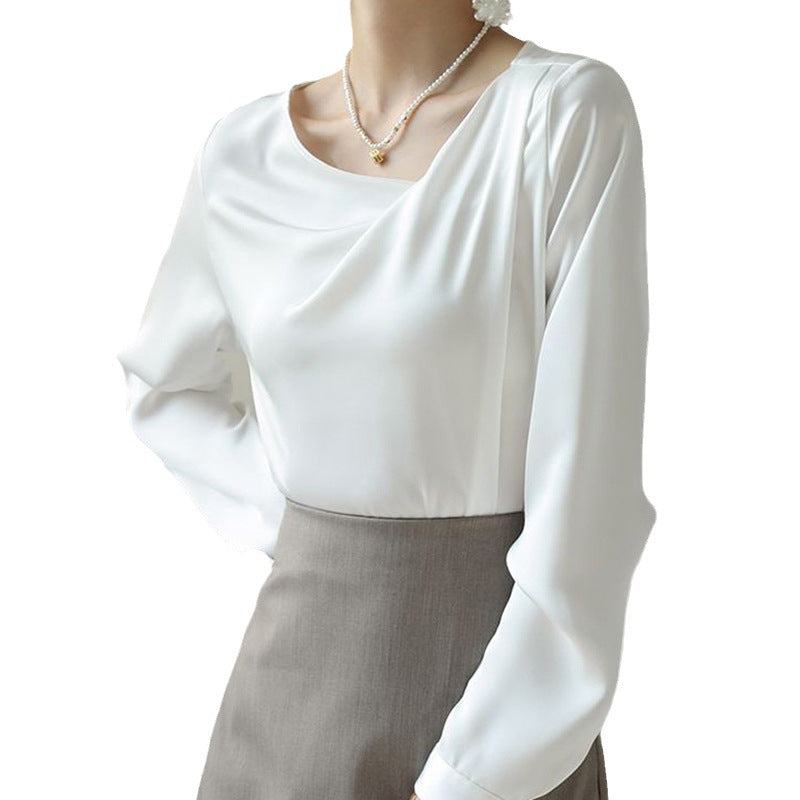 French White Satin Design Irregular All-match Shirt Top