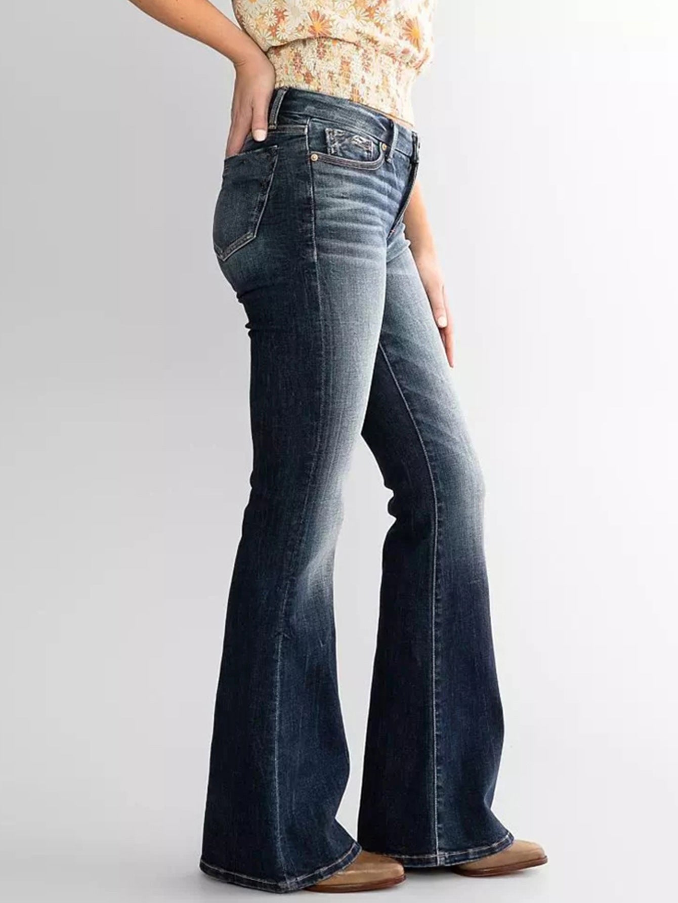 Ladies Mid Waist Slim Fit Stretch Retro Flared Jeans