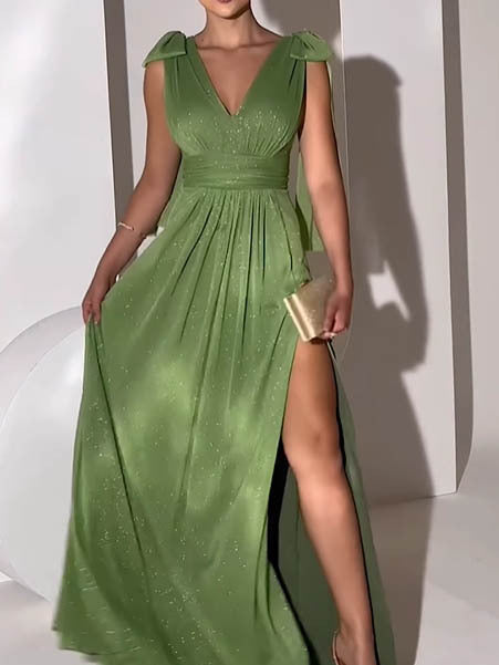 Women's V-Neck Bow Slit Maxi Dress