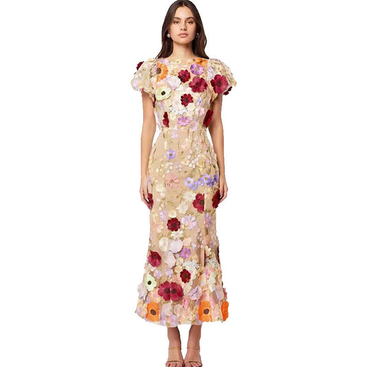 Women's Round Neck Embroidered Three-dimensional Flower Mid-length Dress