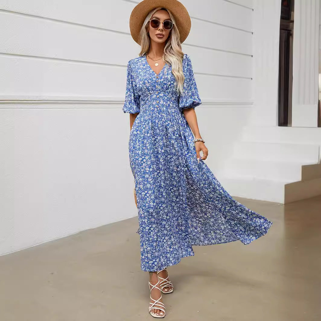 V-neck Lantern Sleeve Waist-tight Dress Seaside  Bohemian Style