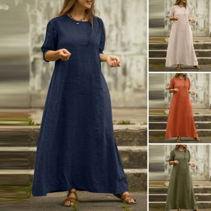 Cotton And Linen Temperament Pure Color Dress