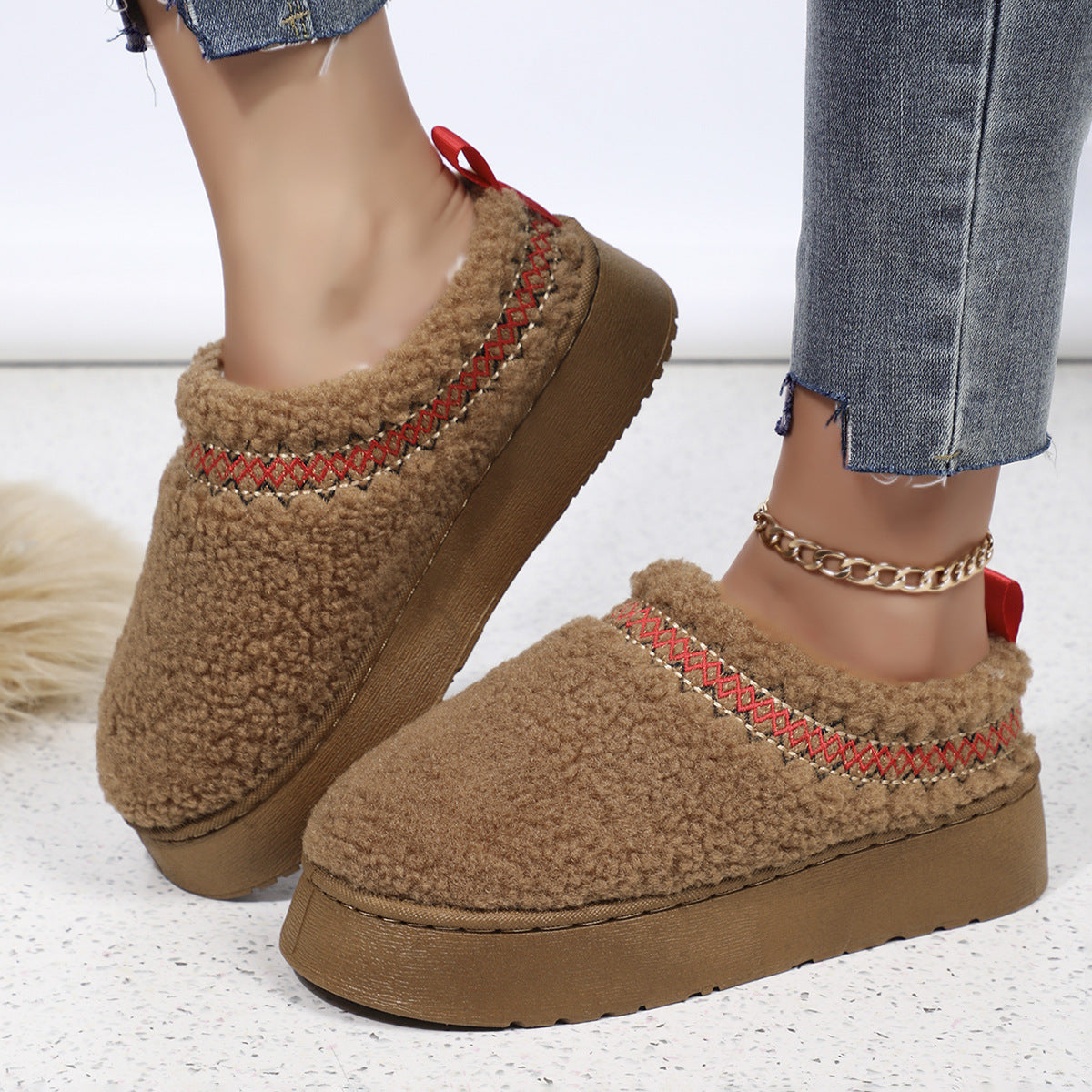 New Ethnic Style Sewing-edge Plush Slippers Winter Indoor Floor Thick-soled Slipper Fashion Outdoor Warm Garden Shoes