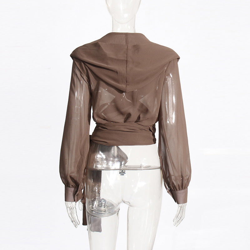 Cross V-neck Lace-up Waist-controlled Mesh See-through Hooded Top