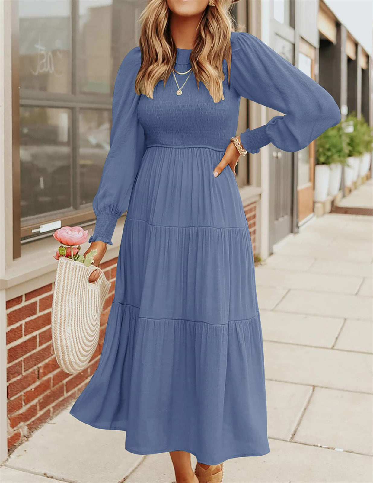 Smocking Pleating Multi-layer Large Swing Dress