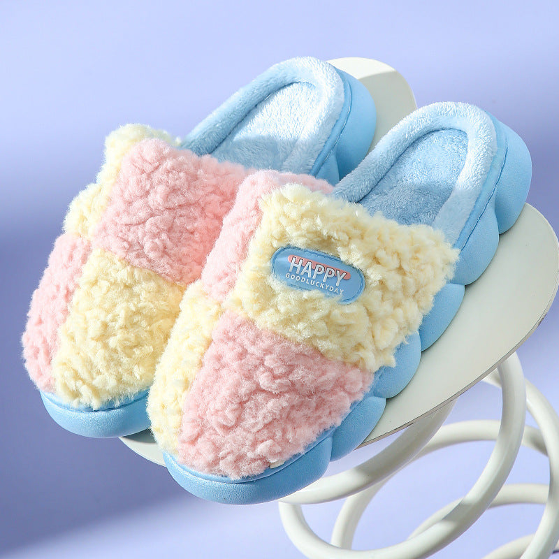 Color-matching Home Slippers Winter EVA Thick-soled Warm Plush Cotton Slippers Women Men Indoor Anti Slip House Shoes