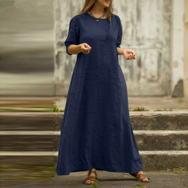 Cotton And Linen Temperament Pure Color Dress